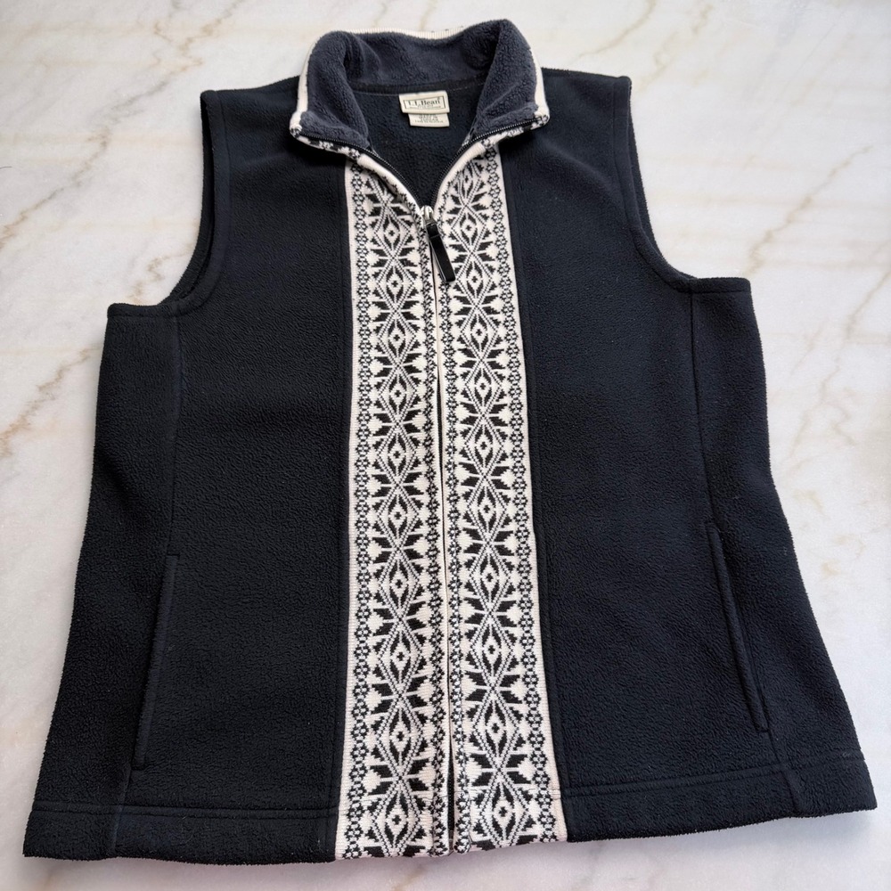 LL Bean Womens Fleece Vest Black Fair Isle Trim Full Zip Mock Neck Medium OHKB8